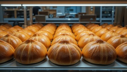 Freshly Baked Buns in a Bakery Display Case Under Bright Lights
