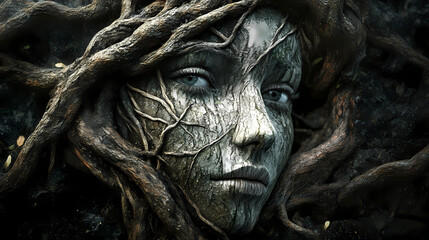 Surreal face intertwined with tree roots symbolizing nature's connection. Entangled Roots. Illustration
