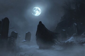 Mysterious Figure in Snowy Graveyard under a Full Moon