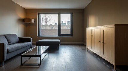 Obraz premium A cozy studio apartment with dark oak floors and light taupe walls