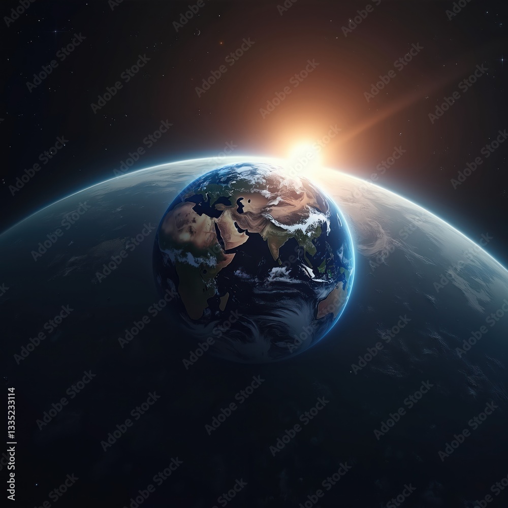 Poster view of planet earth in space with sunbeams, atmosphere and black space around. generative ai illust