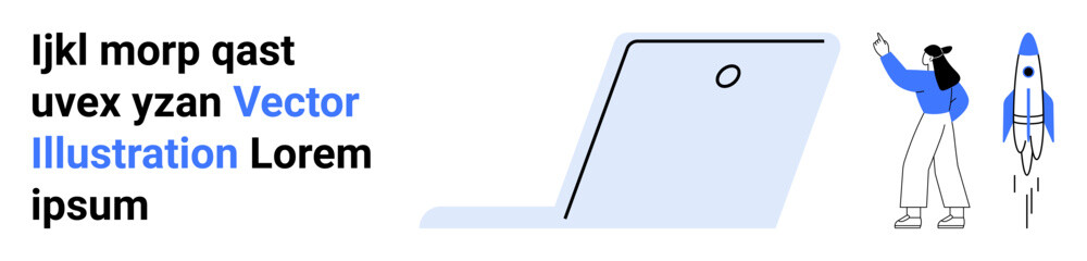 Woman standing beside laptop pointing at rocket launch representing innovation, creativity, and ambition. Ideal for technology, startup, innovation, progress, success, ideas simple landing page