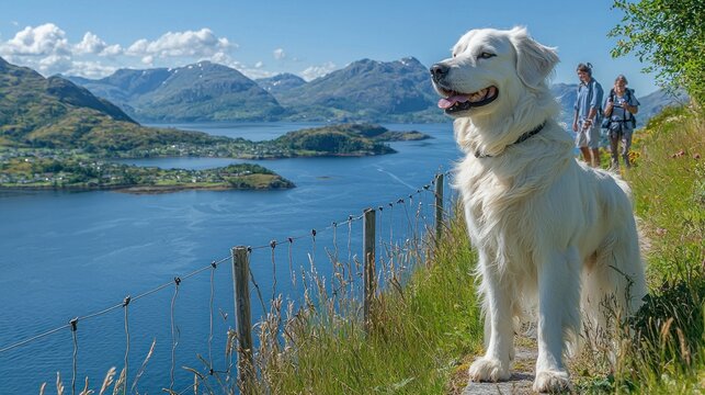 Majestic white dog hikes scenic coastal path