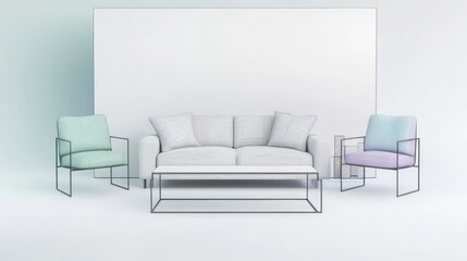 Fototapeta premium A crisp white backdrop with drawings in delicate grey-green lines, showing a modern sofa, two minimalist chairs, and a stylish rectangular coffee table