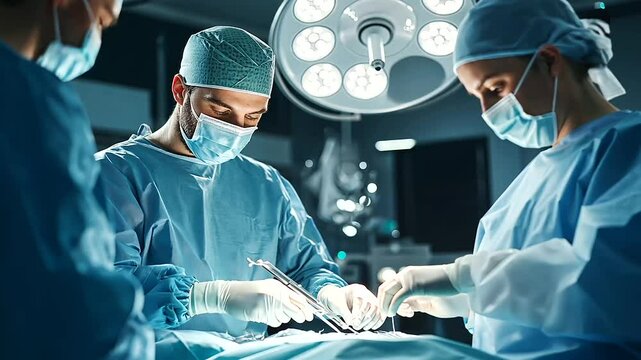 An operating room filled with focused medical professionals, where a lead surgeon operates with precision, assisted by nurses handing over sterile instruments.