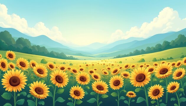 Fototapeta Tranquil cartoon landscape with sunflowers field, mountains, blue sky. Visual graphic illustration of meadow, hills, farm with yellow flowers. Rural nature scene for background, wallpaper use.