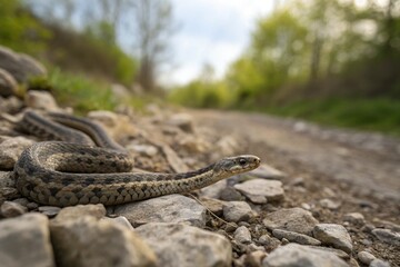 Fototapeta premium Snake on a Rocky Path: A slender snake rests amidst rough rocks, its scales blending with the earthy tones of the surrounding environment, a blend of danger and beauty.