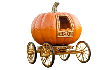 Enchanted Pumpkin Carriage Hovering with Ornate Golden Wheels Isolated

