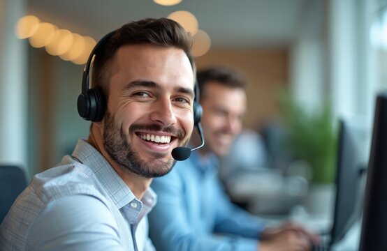 Close-up portrait of smiling businessman wearing headset during video call. Man looks camera at call center. Happy corporate employee provides client support, answers questions. support, customer