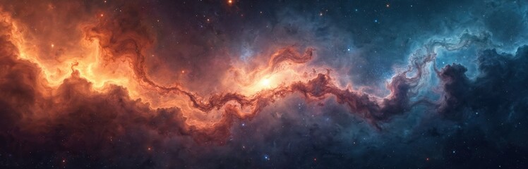 Fototapeta premium Fantastic bright space nebula with orange, blue cosmic clouds. Starry universes, galaxies on dark background. Sci-fi wallpaper with cosmos, magic, starlight, outer decor. Ideal for print decoration