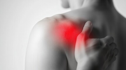 Fototapeta premium shoulder in pain, with the joint highlighted red to represent inflammation. The background is white, 