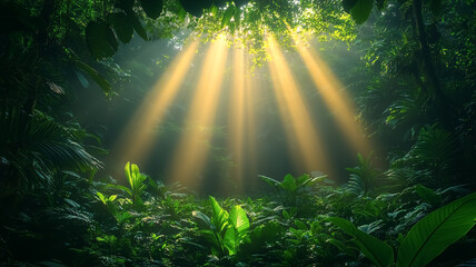 Sunlight on lush green foliage in tropical forest illuminating the wilderness