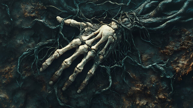 A skeletal hand emerges from dark, twisted roots underground. generative ai. Entangled Roots. Illustration