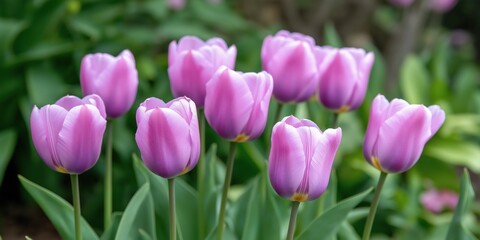 Obraz premium A bunch of purple flowers are in a garden. The flowers are in full bloom and are arranged in a row. The garden is lush and green, with a few trees in the background