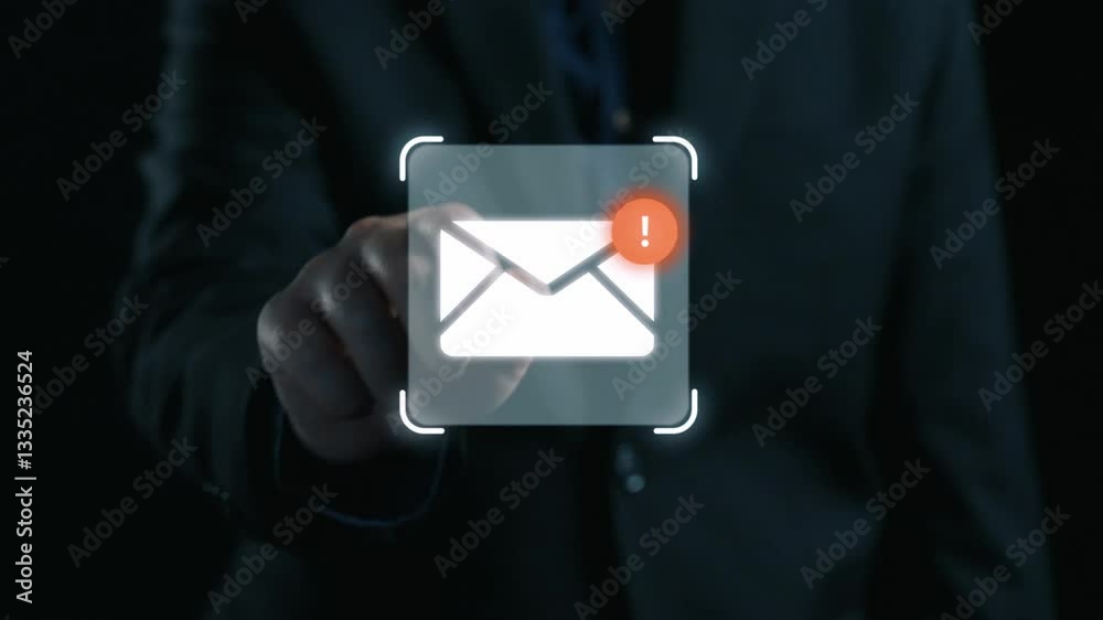 Poster business person checking email inbox, organizing and prioritizing messages for better productivity. 
