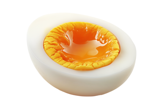 Halved boiled egg with semi-liquid yolk and firm egg white isolated on white transparent background, representing food and nutrition concepts