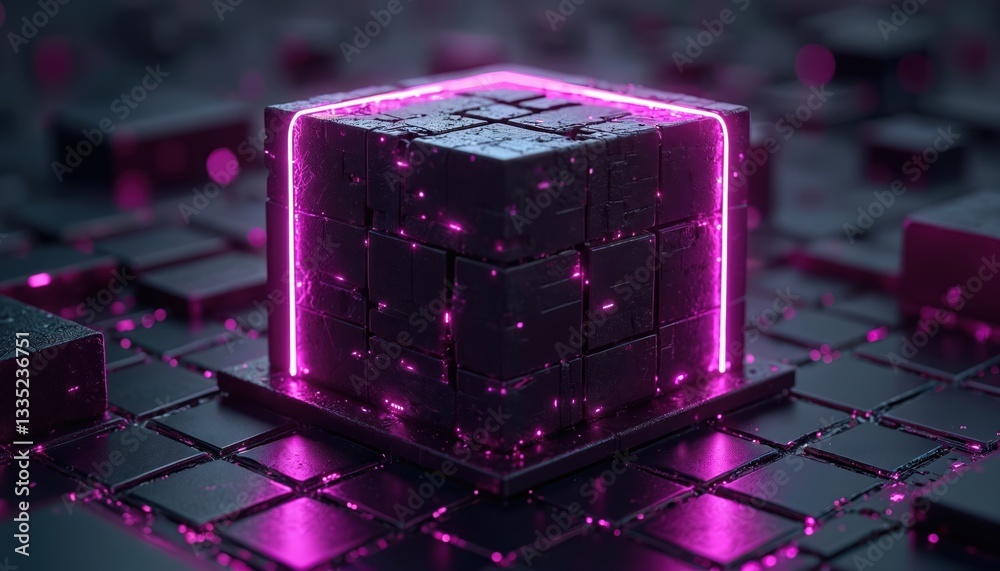 Leinwandbilder 3d rendering of black cubes with purple neon lights on dark background. futuristic geometric design 