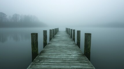 Fototapeta premium Misty lake with wooden pier extending into fog