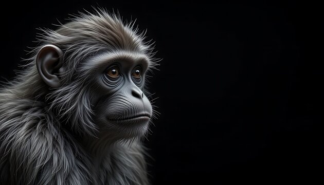 Close-up portrait of a pensive young monkey with soft, fluffy fur against a stark black background, showcasing intricate details of its face and ears.