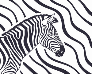 Zebra Head in Abstract Striped Background. Stylish black and white vector illustration of a zebra head with an abstract wavy striped background.