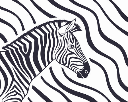 Zebra Head in Abstract Striped Background. Stylish black and white vector illustration of a zebra head with an abstract wavy striped background.