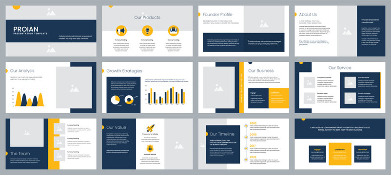 Business presentation slides powerpoint template with charts, data analysis and infographic elements.
