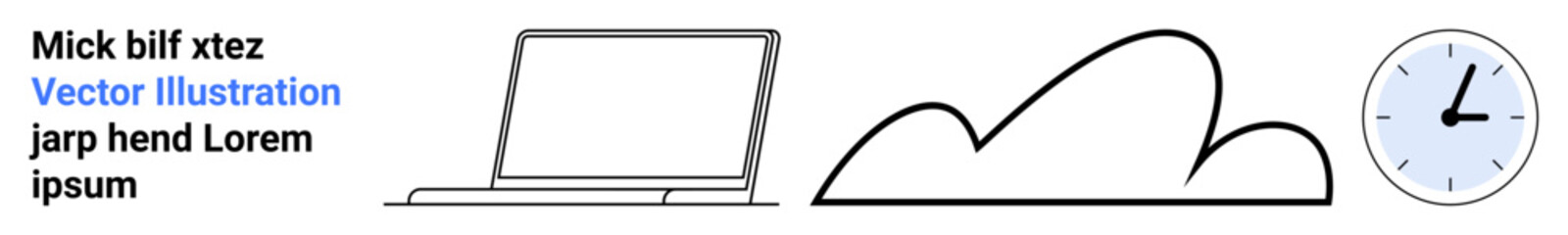 Laptop, cloud, clock representing work efficiency, remote tasks, time tracking. Ideal for productivity, digital workflow, time management, technology remote work scheduling simple landing page