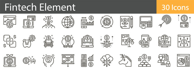 Fintech Elements Line Icons Set. Collection of 30 outline icons representing financial technology, digital payments, banking, and financial services. Editable stroke vector illustration.