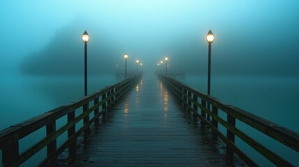 Obraz premium Misty pier extending into foggy waters at twilight, illuminated by lampposts