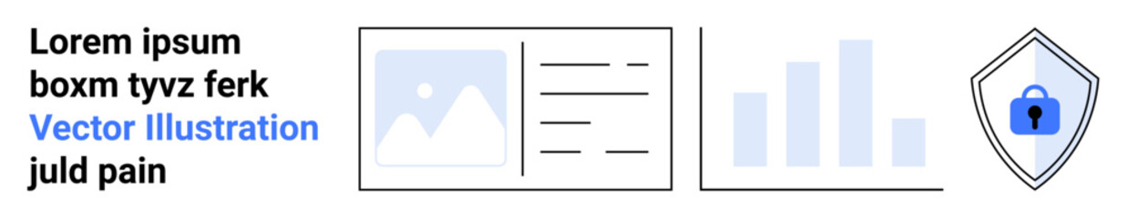 Text content, image frame, bar graph, and shield with lock convey concepts thumbs up data security, analytics, and information management. Ideal for technology, business, cybersecurity education
