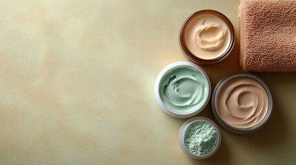 Spa skincare products arranged on a light beige surface