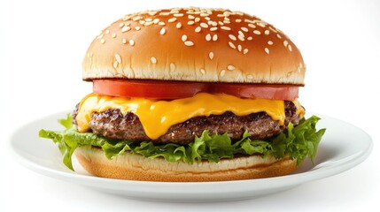 A perfectly layered cheeseburger with melted cheese oozing down the sides