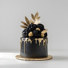 Single black and gold cake object prominently placed against a pure white background