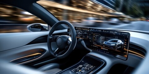Futuristic car interior showcasing advanced driver assistance urban environment concept design high-tech