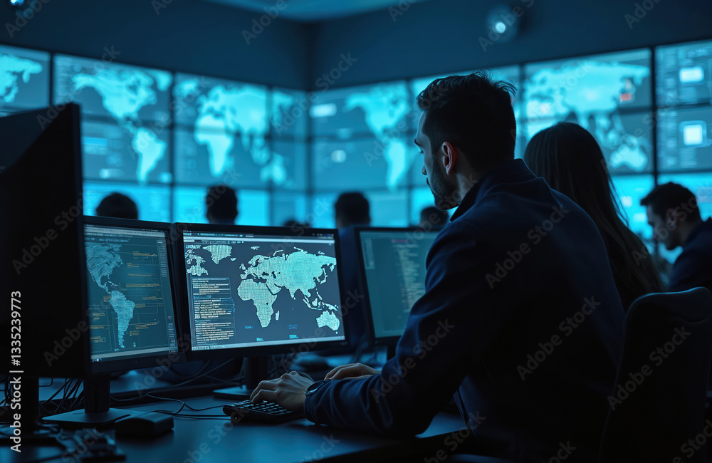 Leinwandbilder Cybersecurity team works at operations center. People monitor network traffic on computers in modern office. professionals ensure digital safety, data protection, vigilance. Concept of teamwork,
