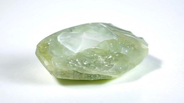 A translucent green prehnite crystal with a smooth surface, showcasing natural facets and a slightly irregular shape. The crystal is placed on a light background, highlighting its clarity and color.