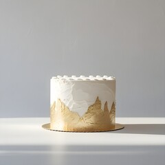 Single white and gold cake object prominently placed against a pure white background