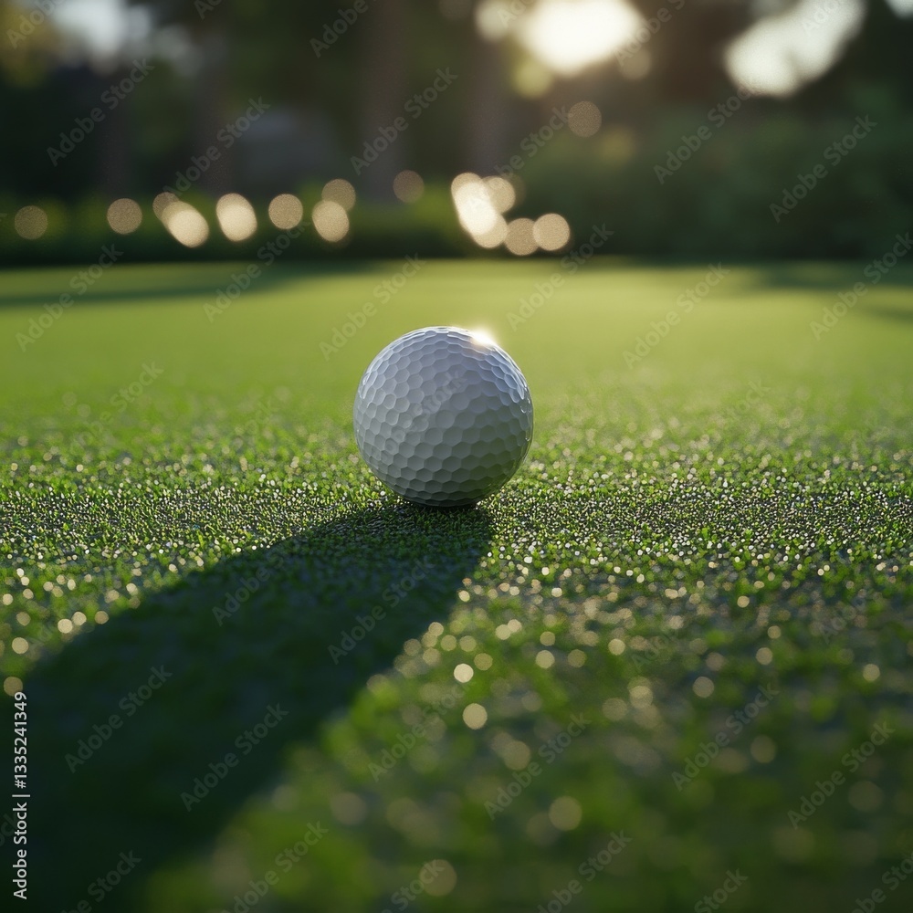 Poster golf ball on green course: a serene view with bokeh effect under the sunlight with soft green grass.