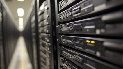 Server racks in a data center hallway