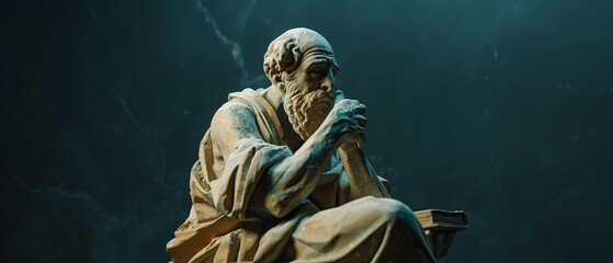 Obraz premium A contemplative male figure sculpted in ancient style, deep in thought, with textured stone finish and an atmospheric background.