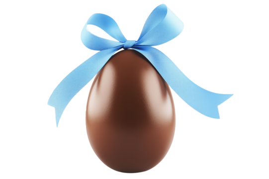 Glossy chocolate Easter egg tied with blue ribbon in bow, isolated on white transparent background. Festive and sweet holiday celebration concept