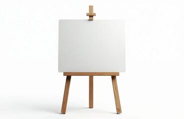 Isolated whiteboard on wooden easel. Blank canvas for art paintings, presentation or signage mockups. Art tool for artist, teacher, student. Empty board on tripod for creative workshop space.