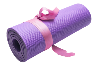 Rolled up purple exercise mat with ribbon gift wrap