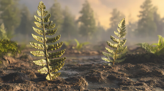 Witness the inaugural archaeopteris trees thriving amidst a vibrant prehistoric ecosystem, showcasing a remarkable glimpse into earth's ancient flora. Ancient Spores. Illustration