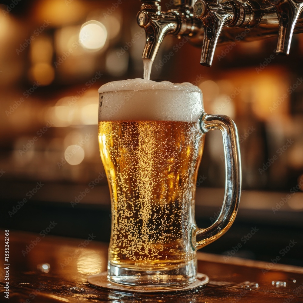 Aufkleber refreshing craft beer: a glass mug filled with frothy delight at a classic pub setting