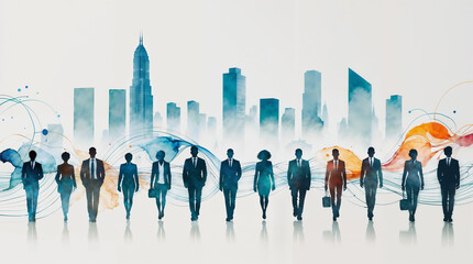 Diverse business professionals walking in a cityscape, watercolor with a modern skyline