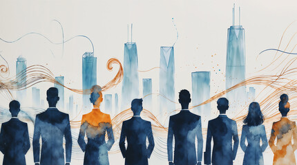 Diverse business professionals walking in a cityscape, watercolor with a modern skyline