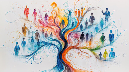 A watercolor tree filled with diverse business people 