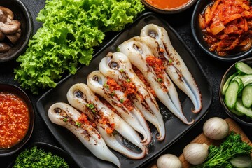 Grilled squid stuffed with onion and tomatoes on a dark backdrop Traditional Korean cuisine