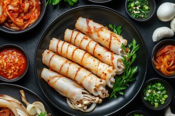 Grilled squid stuffed with onions and tomatoes on a dark background Traditional Korean dish